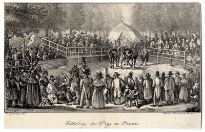 32594 Gezicht op de tribune aan het eind van de Maliebaan te Utrecht met de twee winnende paarden en hun berijders na ...